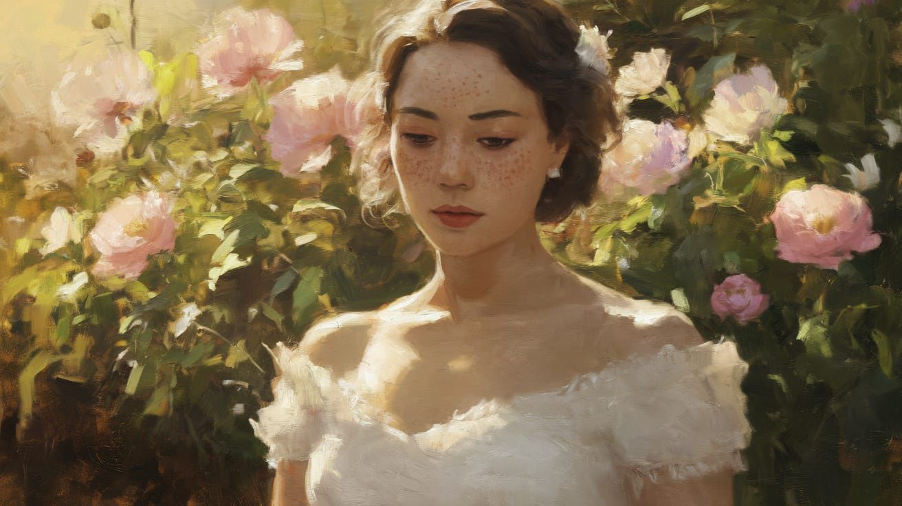 Elegant Lady in a Sunlit Garden, in Oil Painting Style