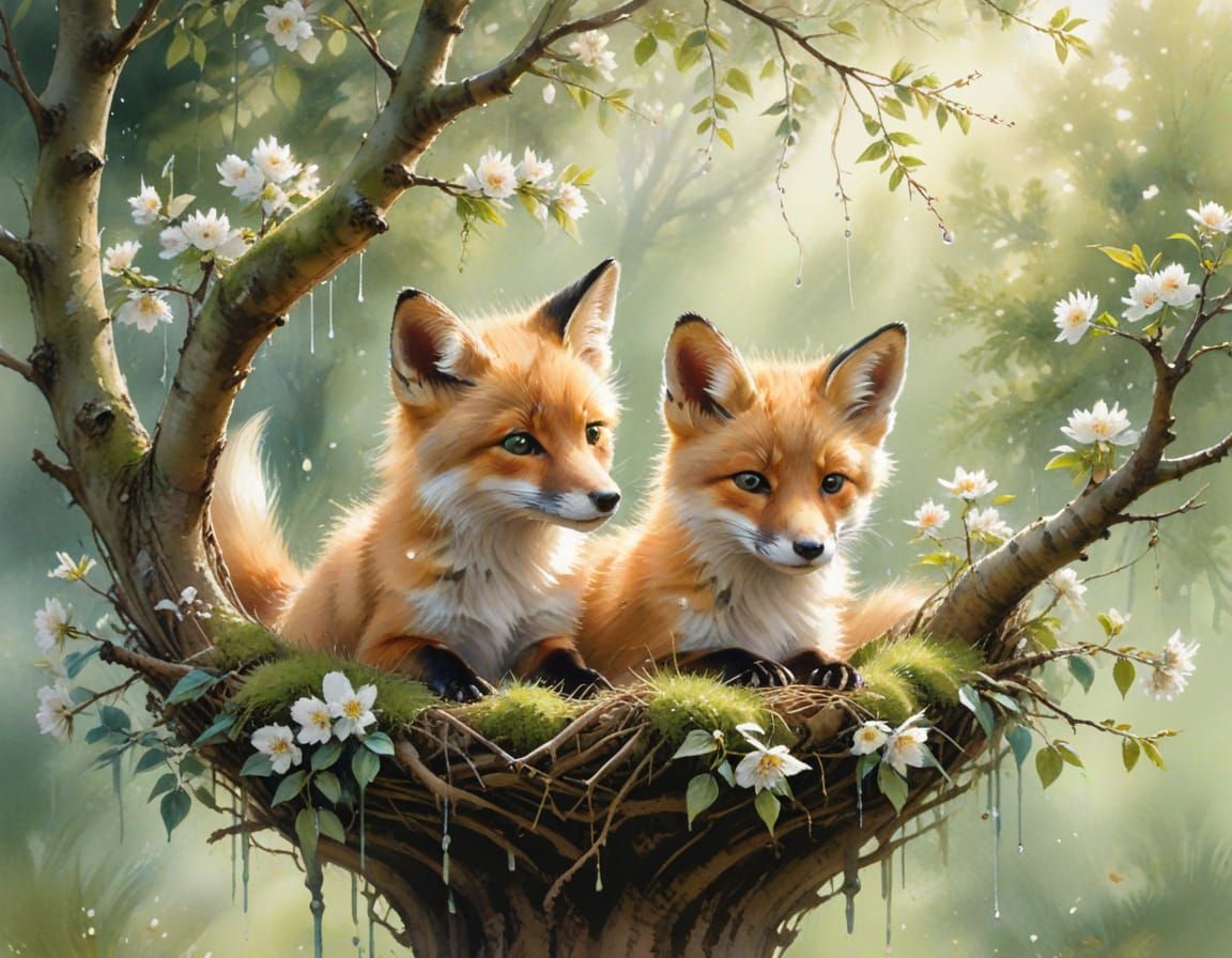 Fox Cubs Under Blossom Canopy: Impressionist Painting