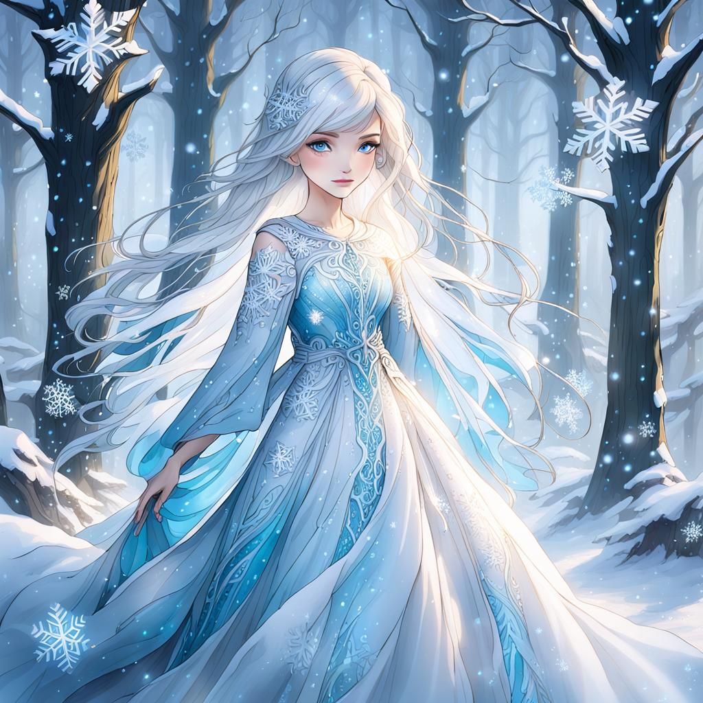 Beautiful Girl in Winter Forest with Snowflakes