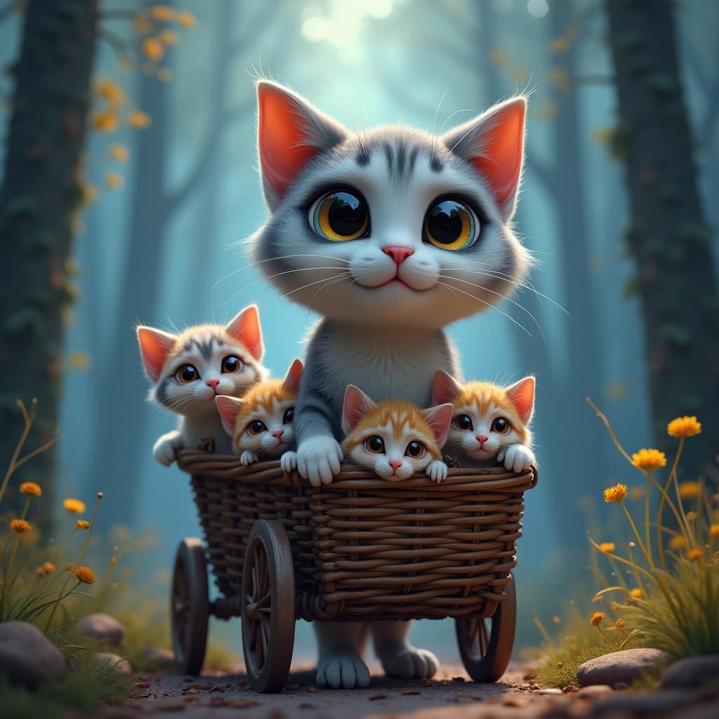 a cute animated mother cat with a cart of cute kittens