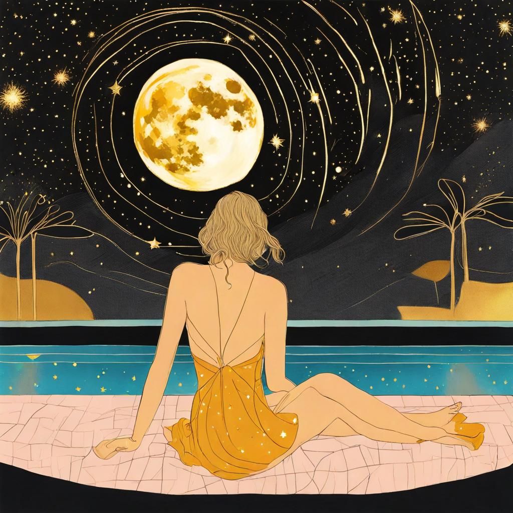 Woman in Pool Under Starry Sky: Minimalist Art