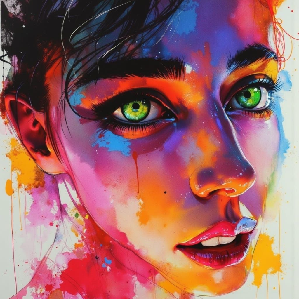 Vivid Green Eyes Splash Ink Portrait