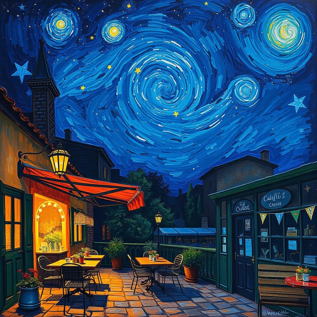 Impressionist Night Café Scene with Vibrant Stars