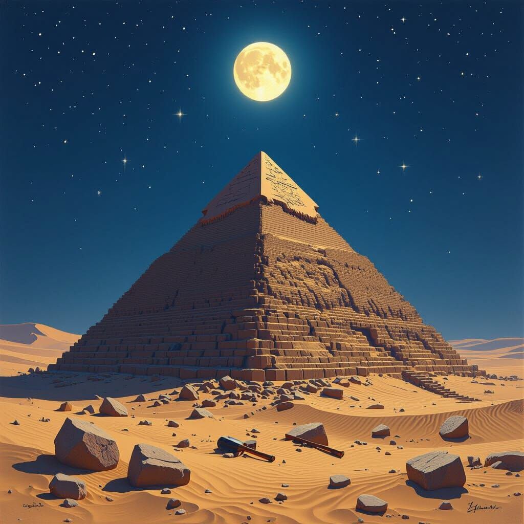 Unfinished Pyramid Under Starry Sky, Realistic Style