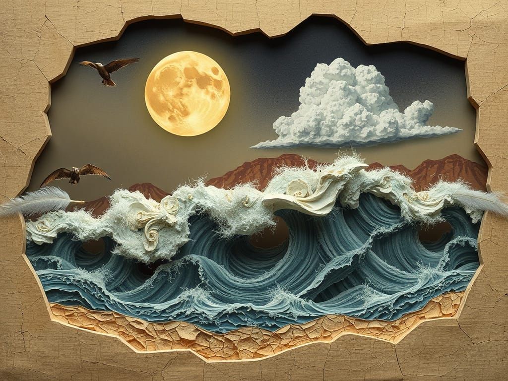 Ethereal Moon Above Turbulent Waves in a Haunting Landscape
