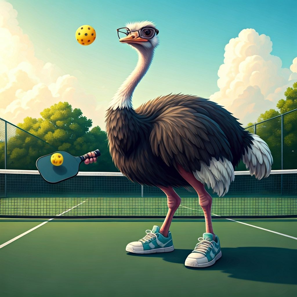 Ostrich Plays Pickleball in Whimsical Cartoon Style