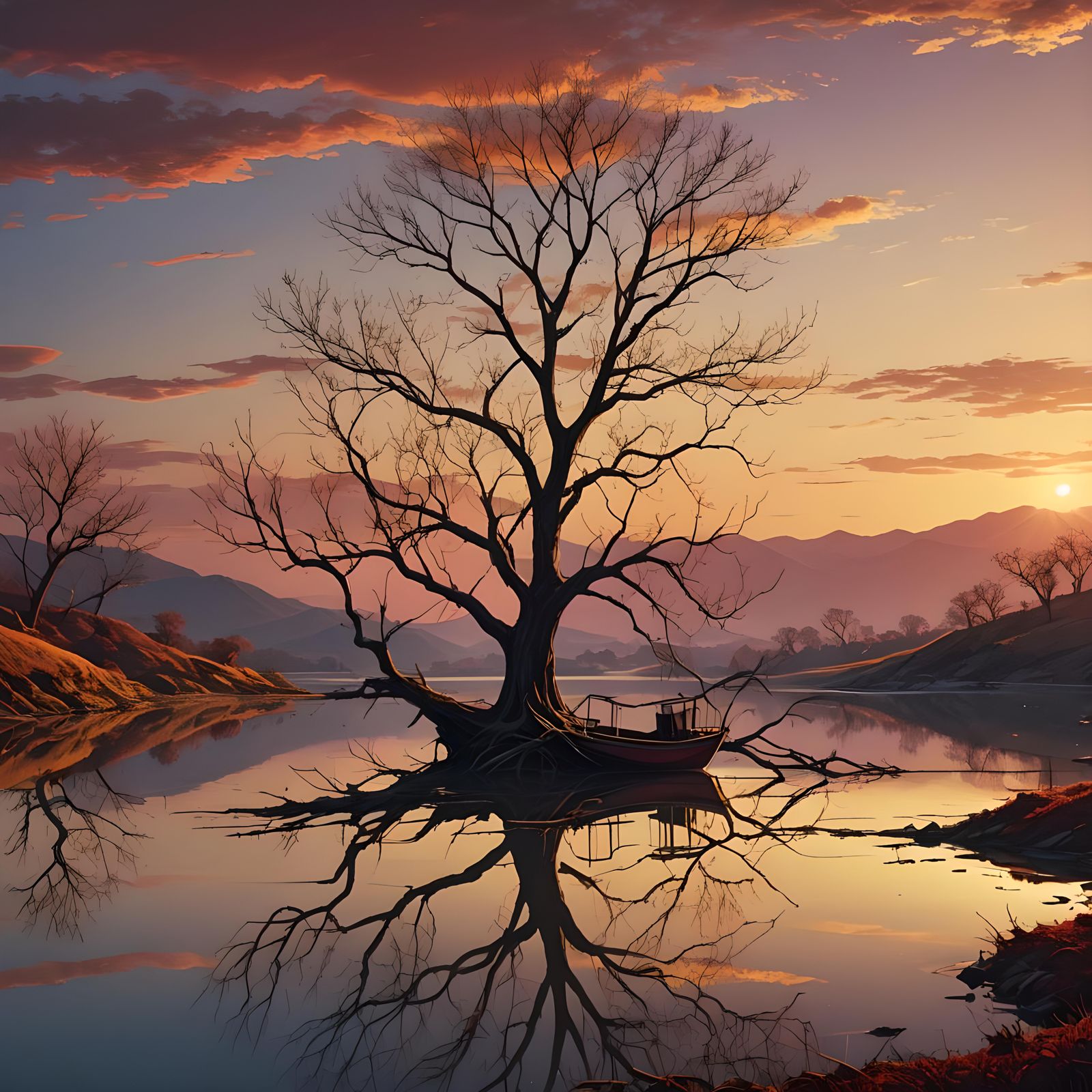 Vibrant Sunset Over Lagoon with Lonely Tree