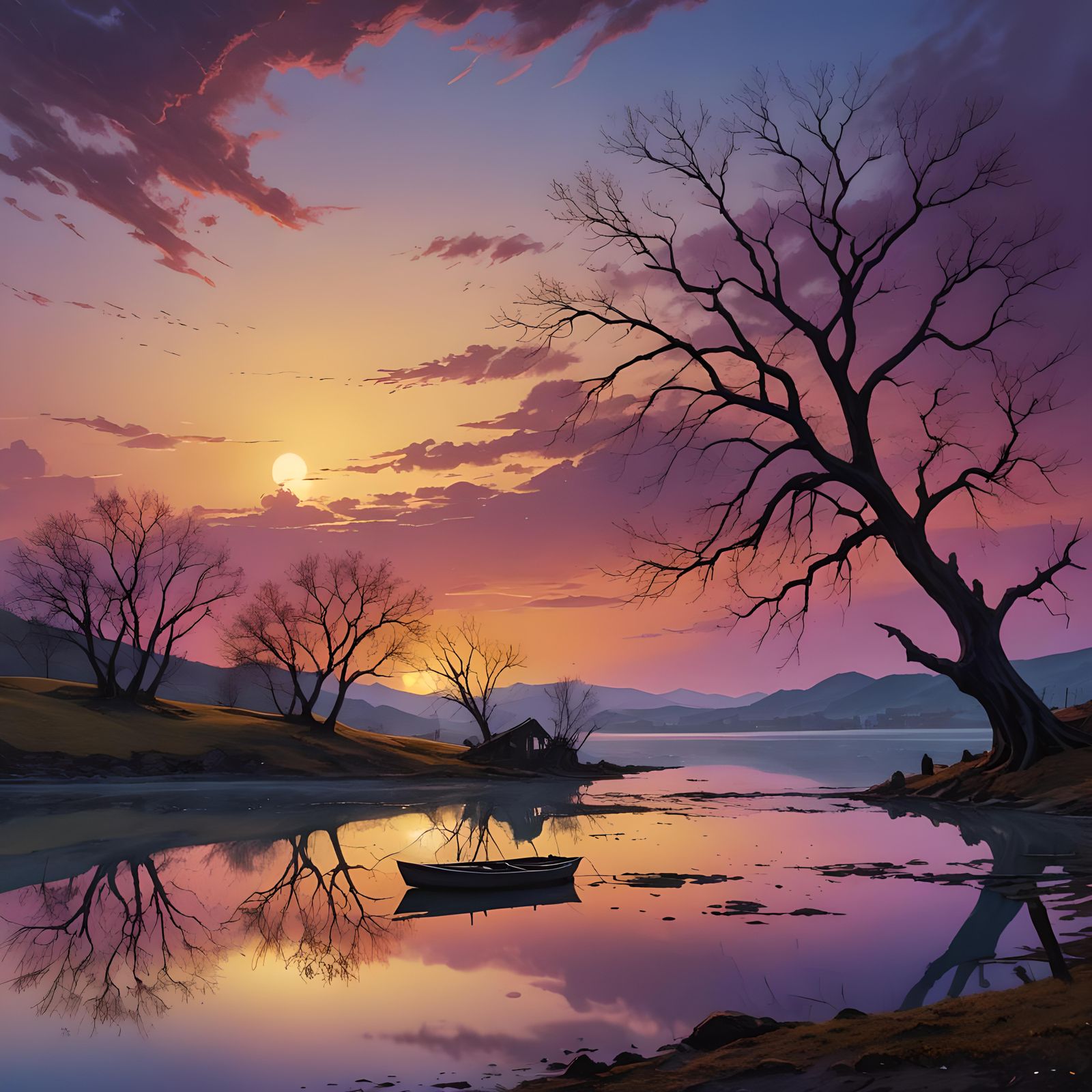 Vibrant Sunset Over Lagoon with Lonely Boat