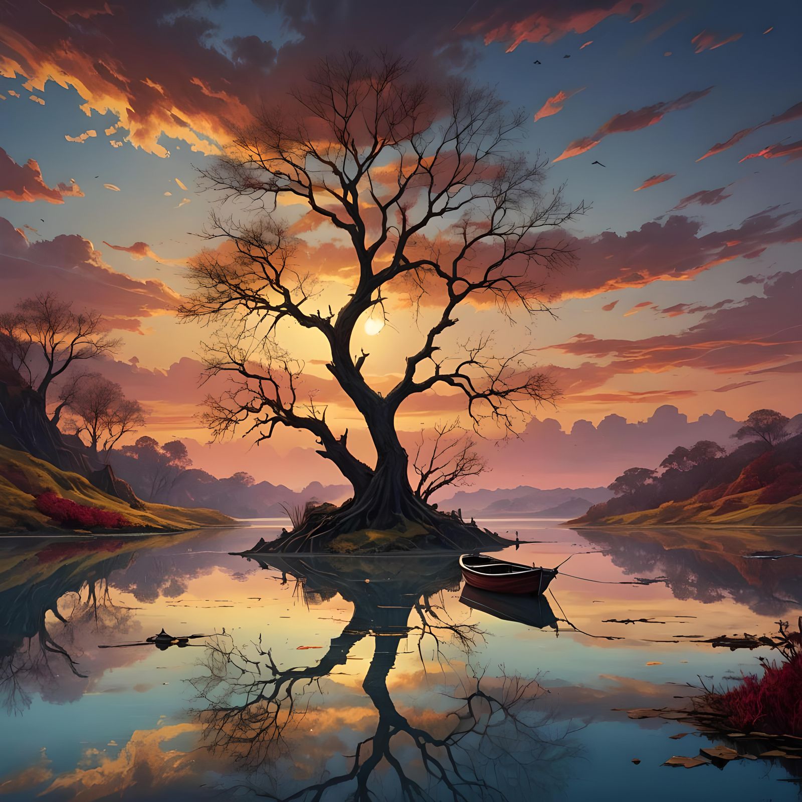 Sunset Lagoon: Lonely Tree and Boat in Fantasy Art