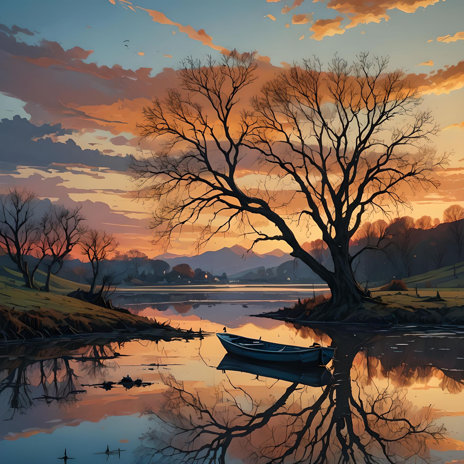 Lagoon Sunset with Lonely Tree and Boat