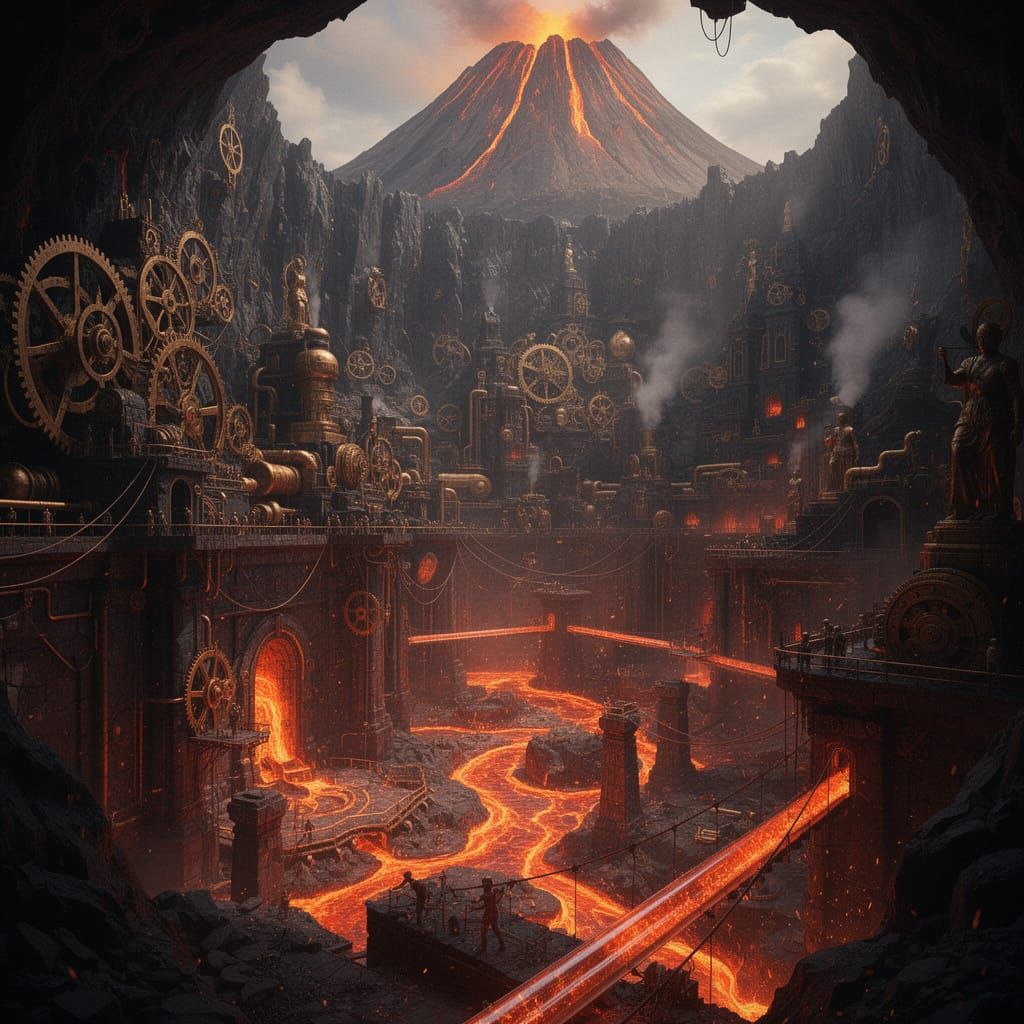 Clockwork City Within Volcano, Steampunk Meets Ancient Ruins