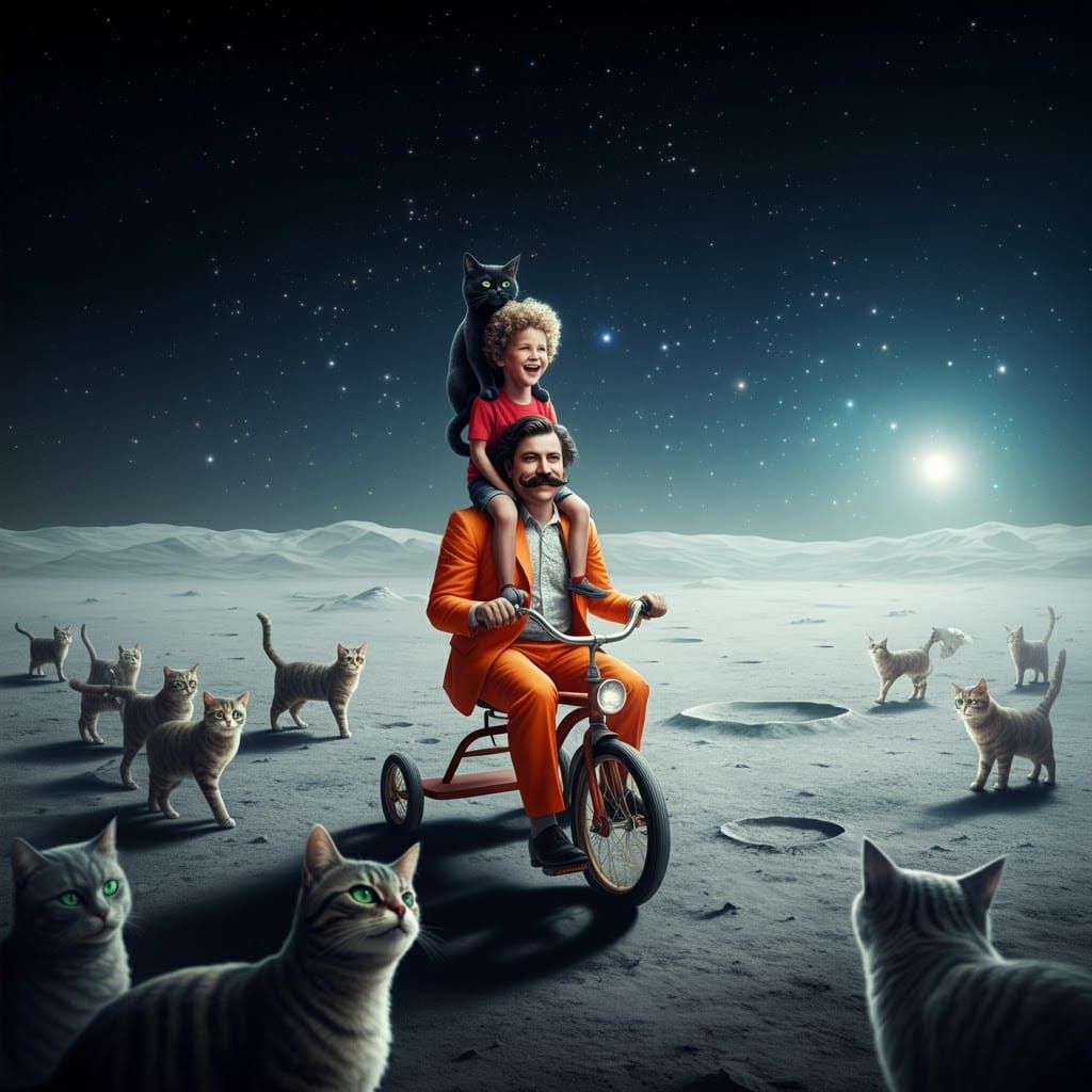Whimsical Lunar Tricycle Ride with Cats, Salvador Dali Style