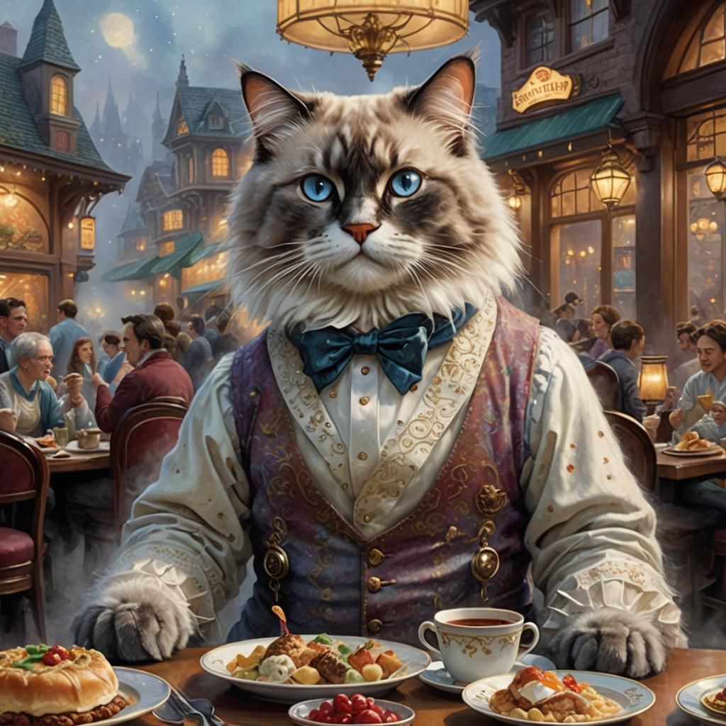 Whimsical Ragdoll Cat Food Critic in Enchanting 5-Star Resta...