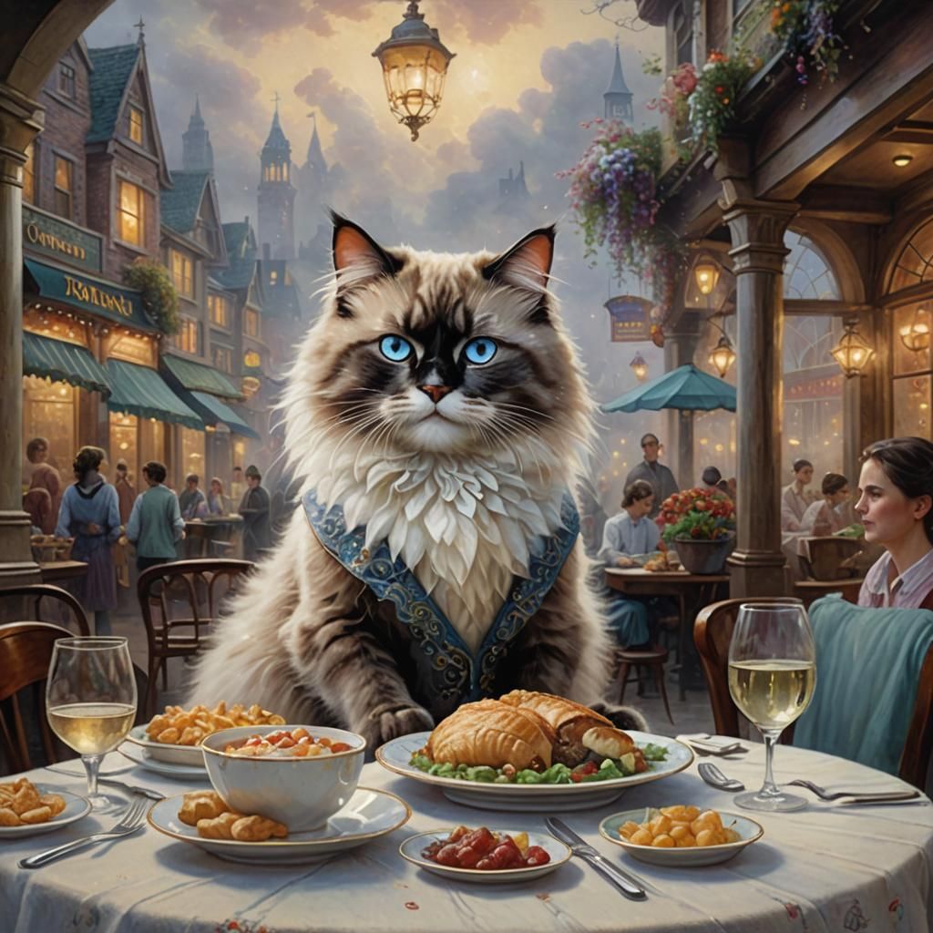 Ragdoll Cat Food Critic in Ethereal Restaurant