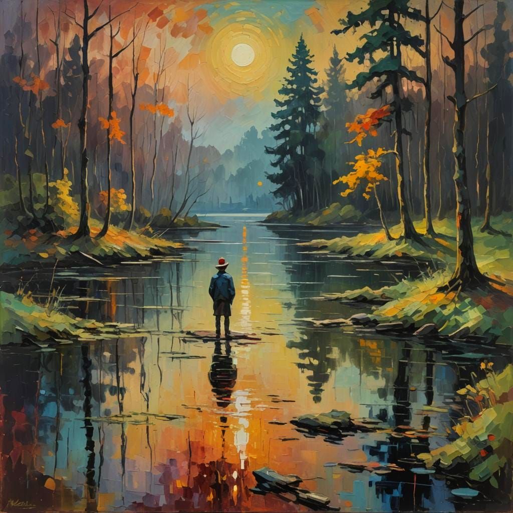 Moonlit Figure by Lake: Neo-Impressionist Oil Painting