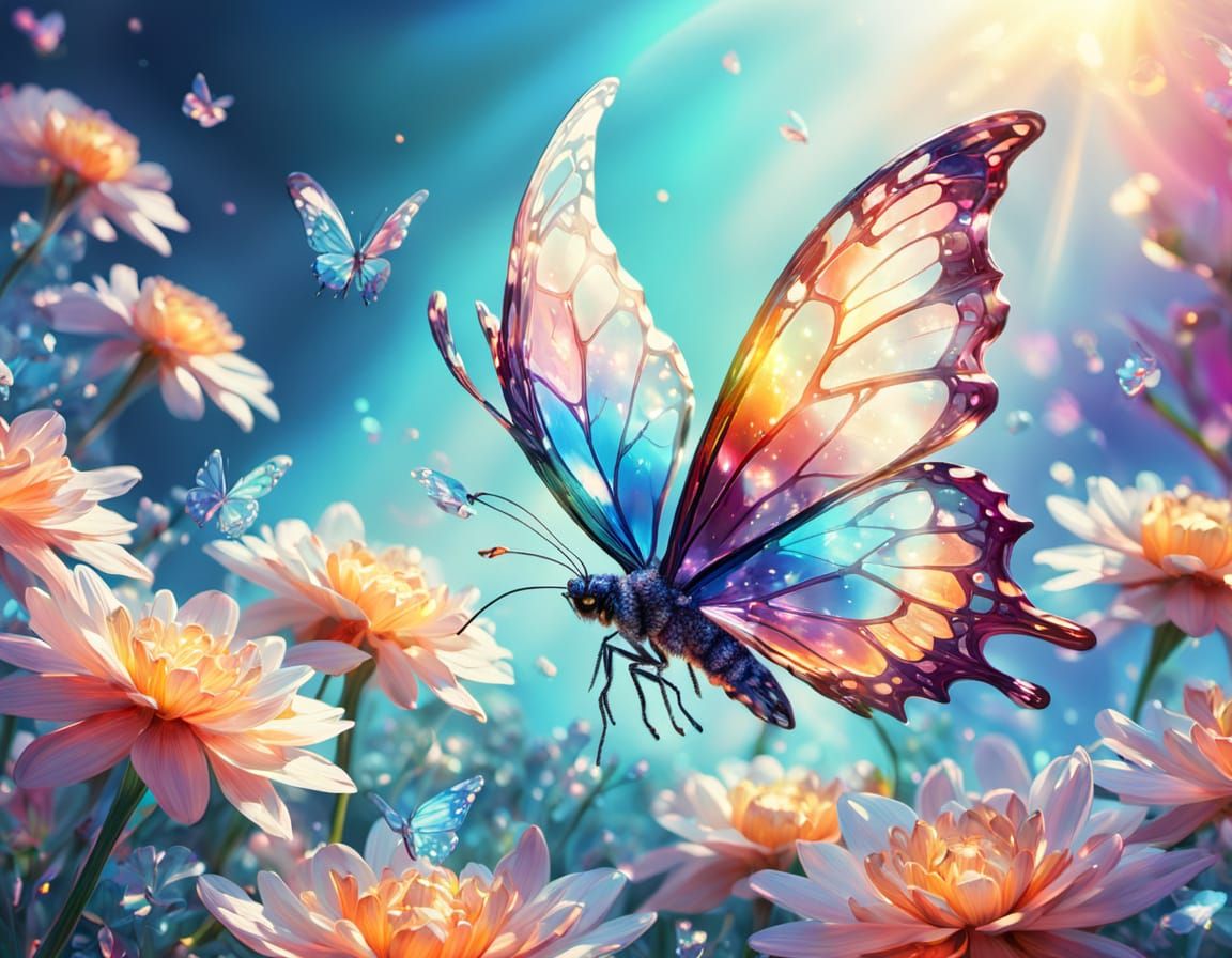 Crystal Butterfly in Flight: Surreal Oil Painting