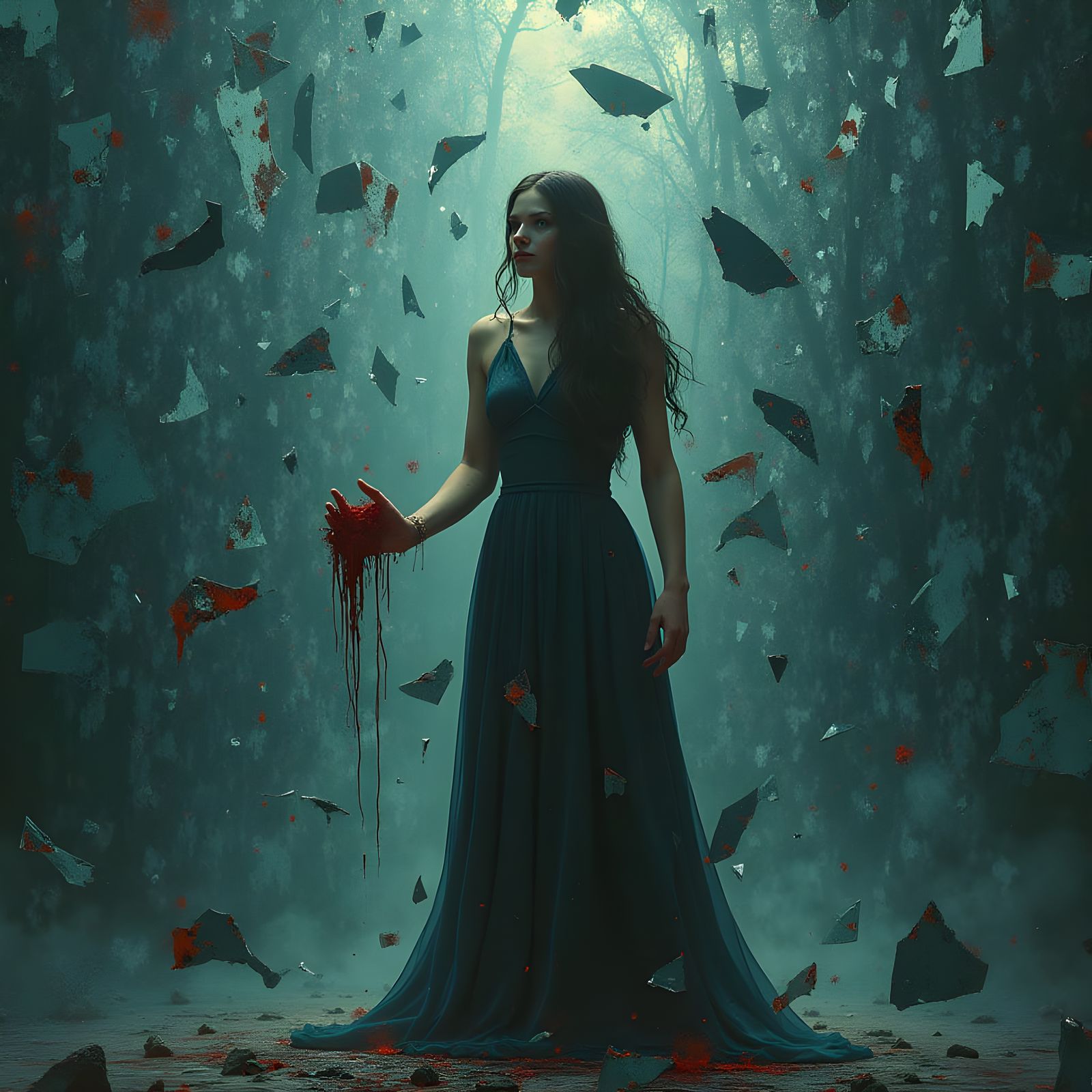 A Figure Amidst Shattered Mirrors Reflects on Shattered Drea...