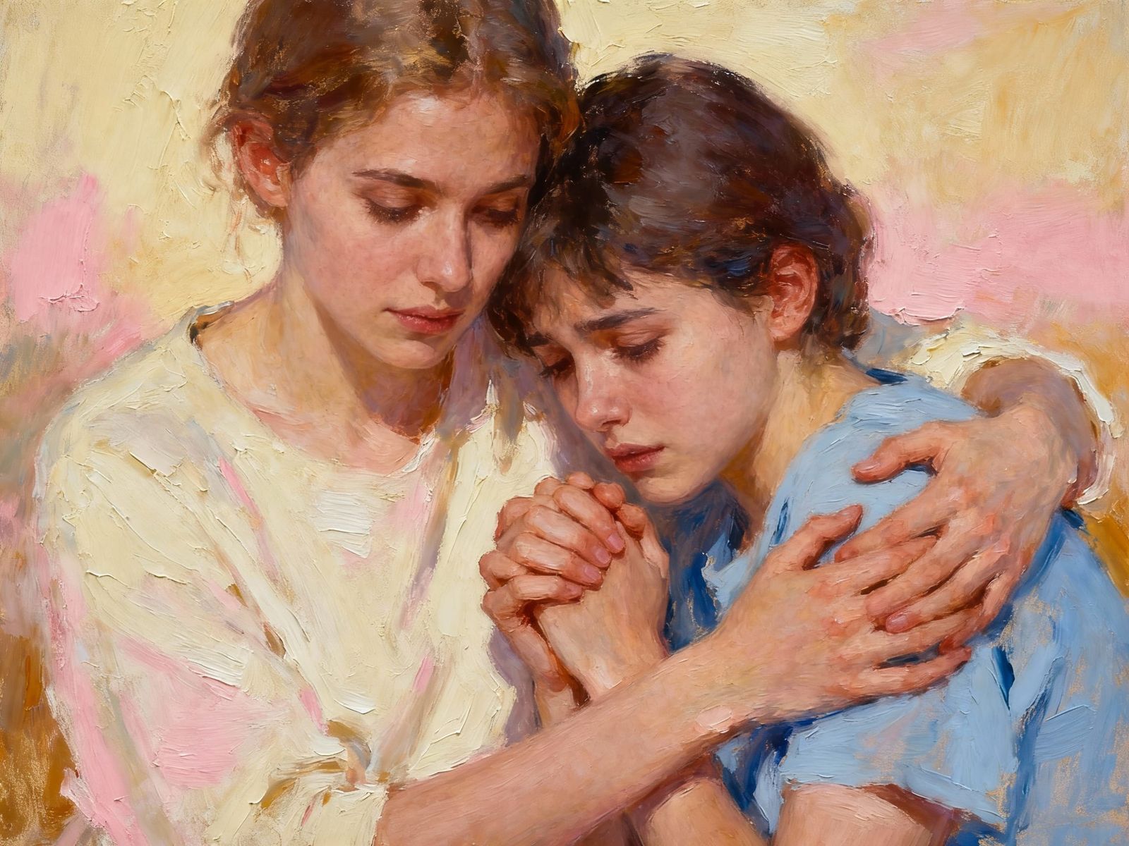 Impasto Painting of Friendship and Support During Hard Times