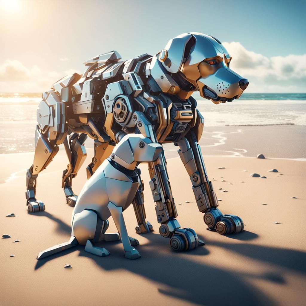 Adorable Dogs Embrace on Sunny Beach: Sci-Fi Style