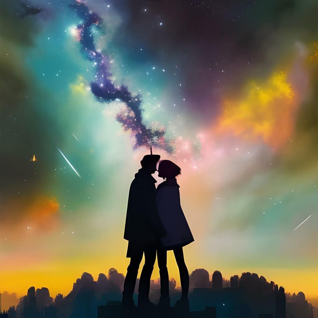 Kissing Silhouettes in Nebula Galaxy Sky