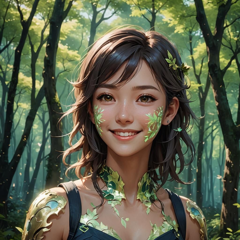 Body-Painted Woman in Magical Forest, Anime 3D Art
