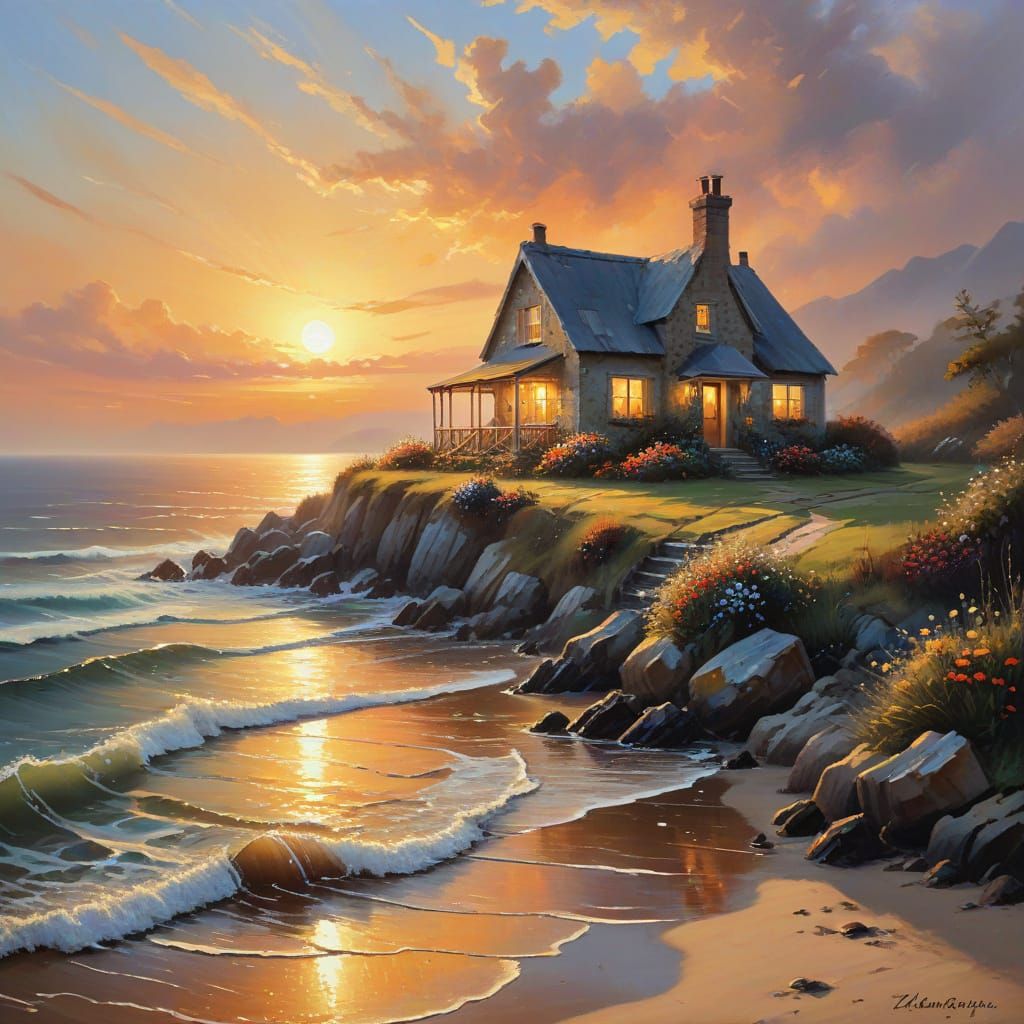 Impressionistic Oil Painting of a Coastal Cottage at Sunrise