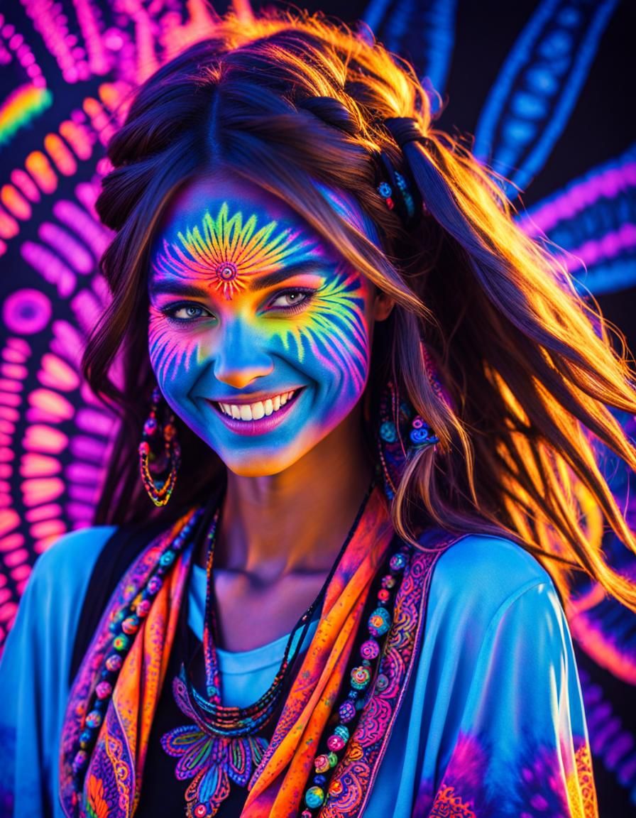 Psychedelic Black Light Face Painting of Smiling Woman