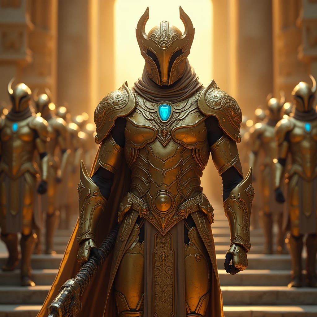 Golden Gnapusian Warrior Leads Battalion in Regal Protection