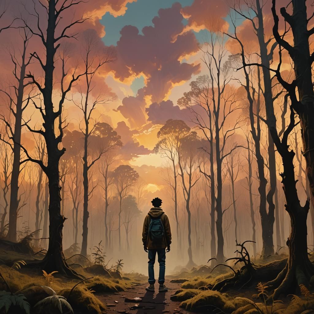 Mystical Forest Figure in Sunset Light, Fantasy Art