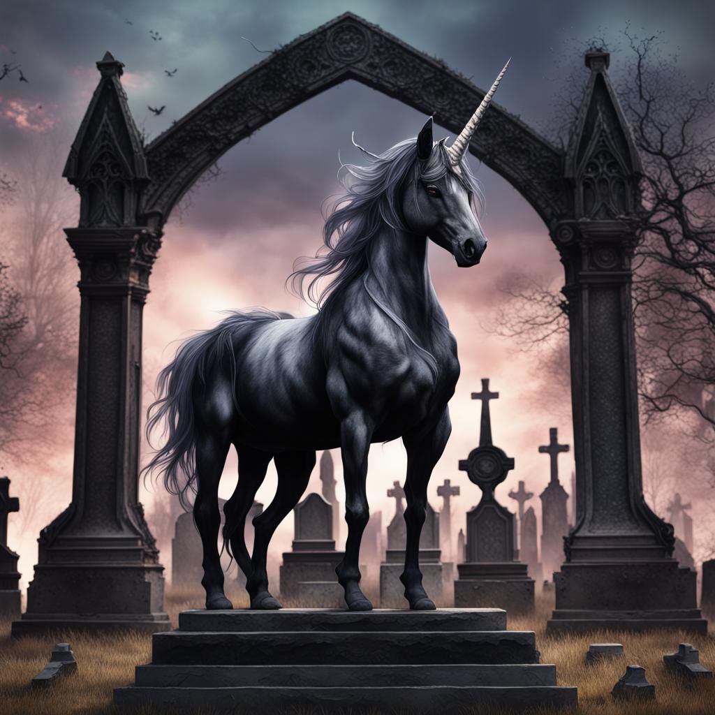Gothic Unicorn in Graveyard: Watercolor Art