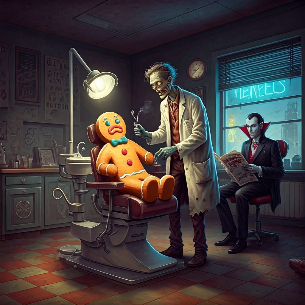 Zombie Dentist and Gingerbread Man in Ominous Office