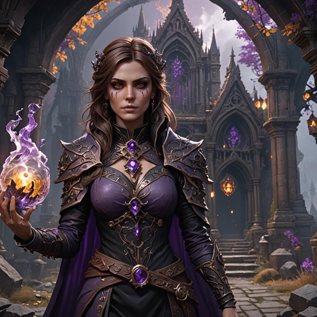 Female Necromancer in Amethyst and Black: Digital Art