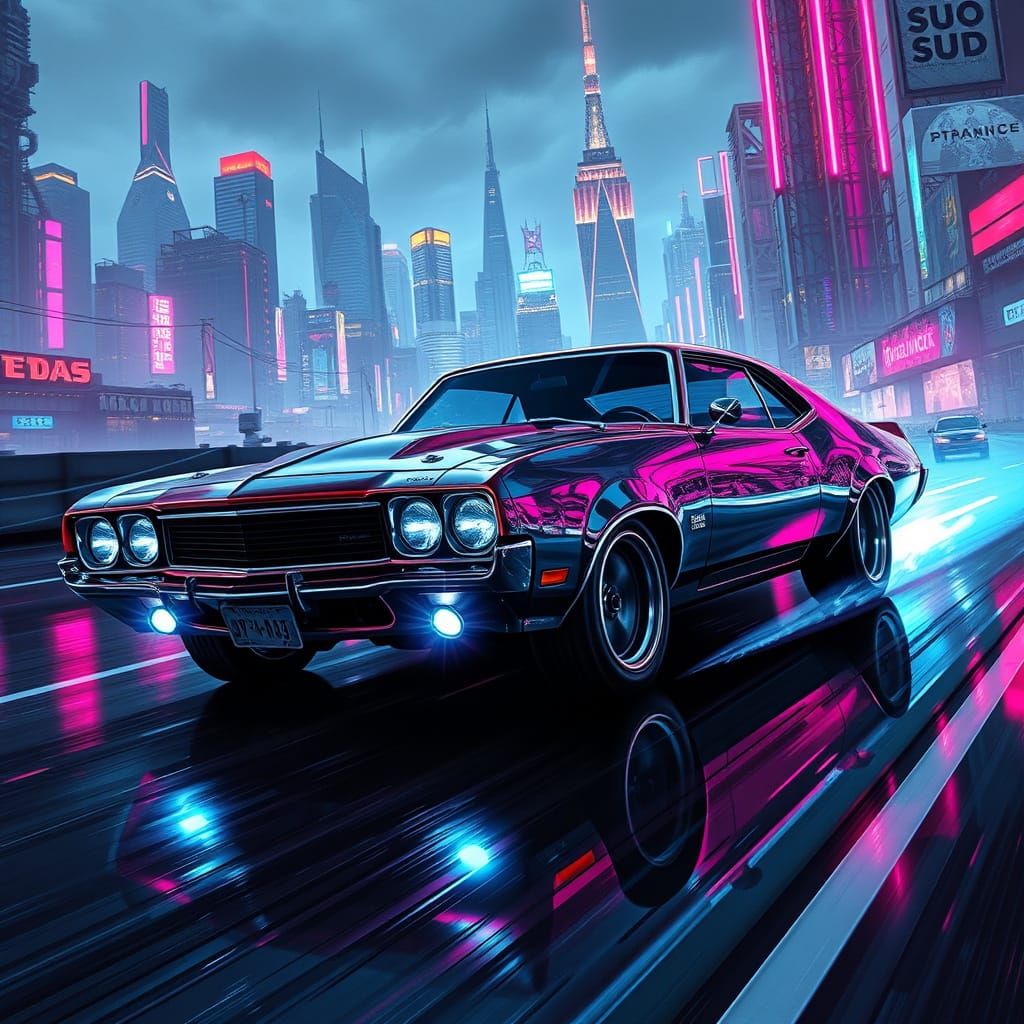 Futuristic Muscle Car Speeds Through Neon Cityscape