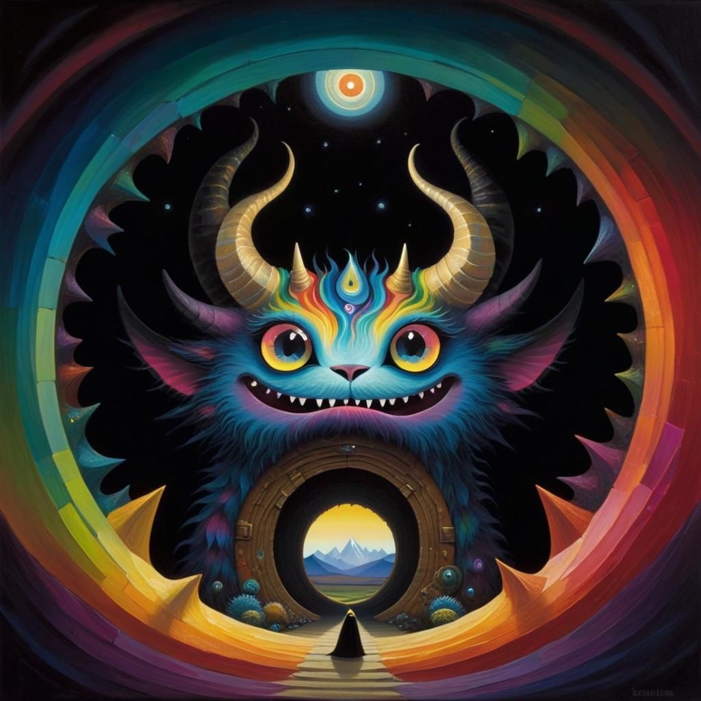 Cute Horned Monster in Rainbow Portal