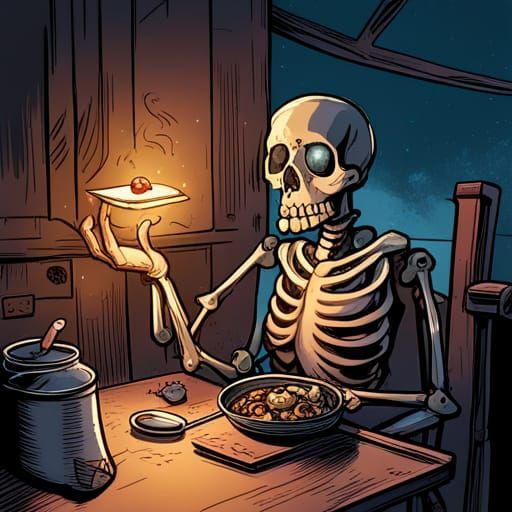 Cartoon Skeleton Enjoying a Meal in Comic Book Style