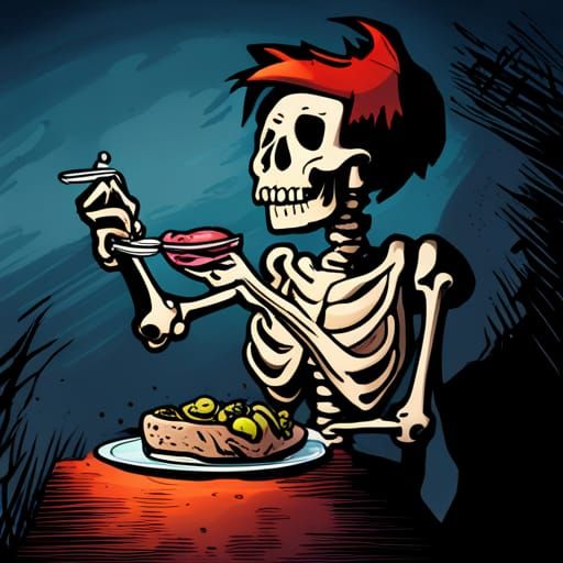 Cartoon Skeleton Enjoys a Meal