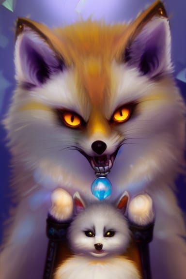 Surprise! Detailed Portrait of a cute possessive evil baby kitsune with fluffy white fur and big glowing blue eyes holdi...