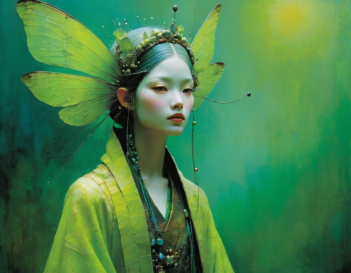 Vibrant Otherworldly Fairy in Lime Green Sunset