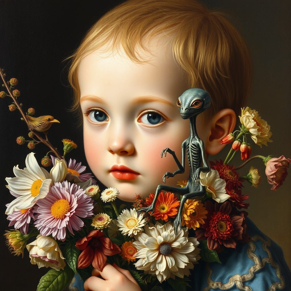 Child with Flower Bouquet: Rembrandt-Style Painting