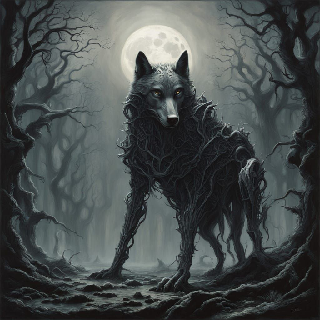 Wolf Moon in a Haunting Cyberpunk Aesthetic