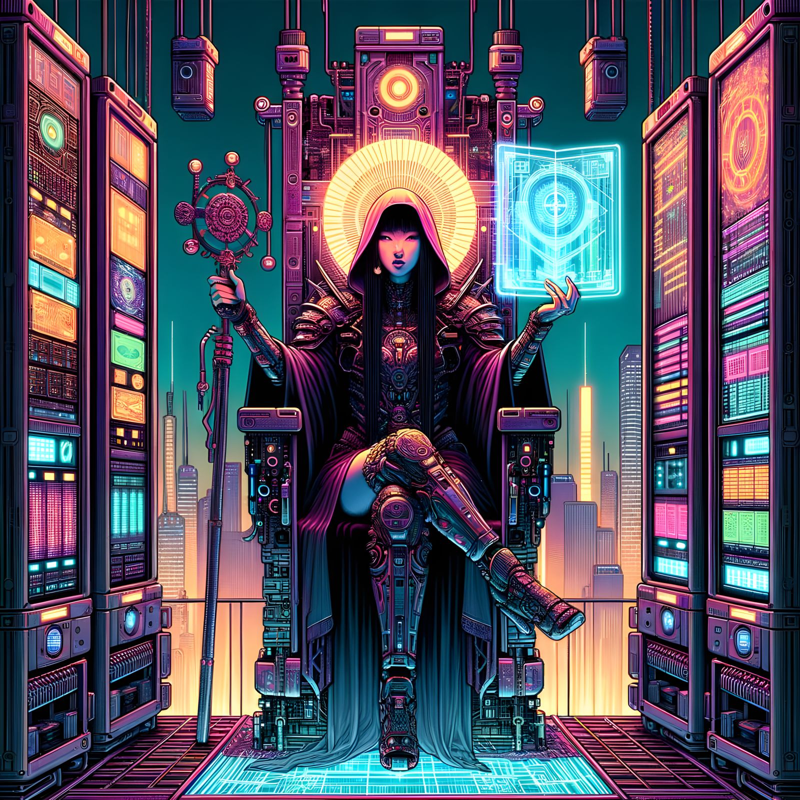 Cyberpunk High Priestess Tarot Card Illustration