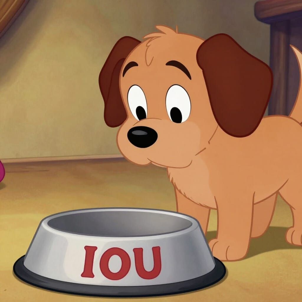 Hungry Cartoon Dog Sees IOU in Empty Bowl