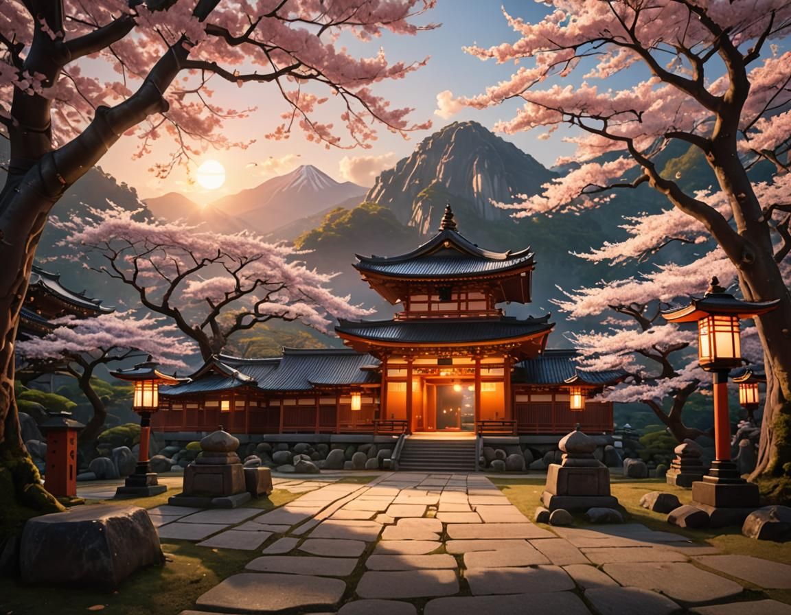 Shinto Temple in Mountain Landscape: Anime-Style 3D Art
