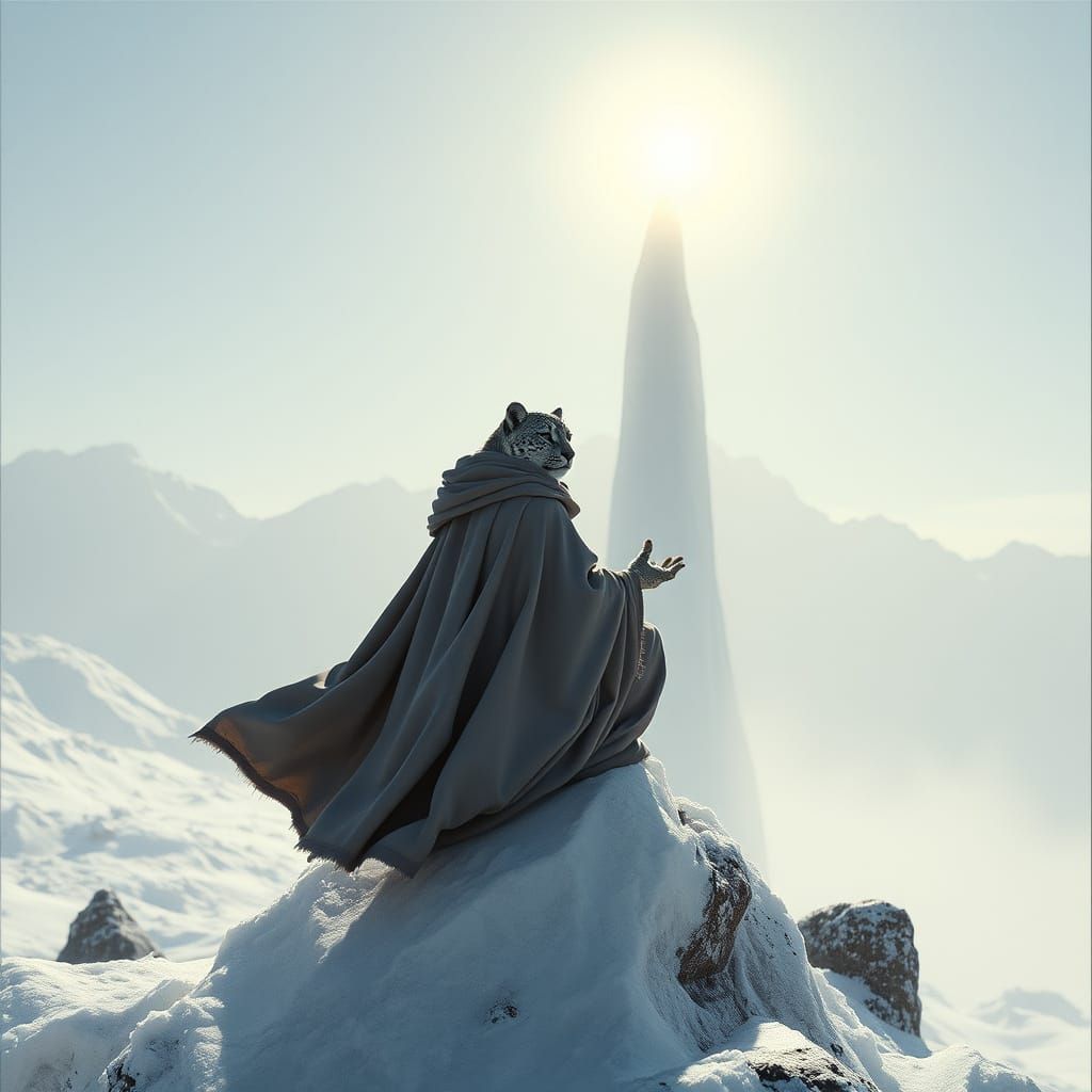 Snow Leopard Jedi Knight Meditating on Crystal Spire