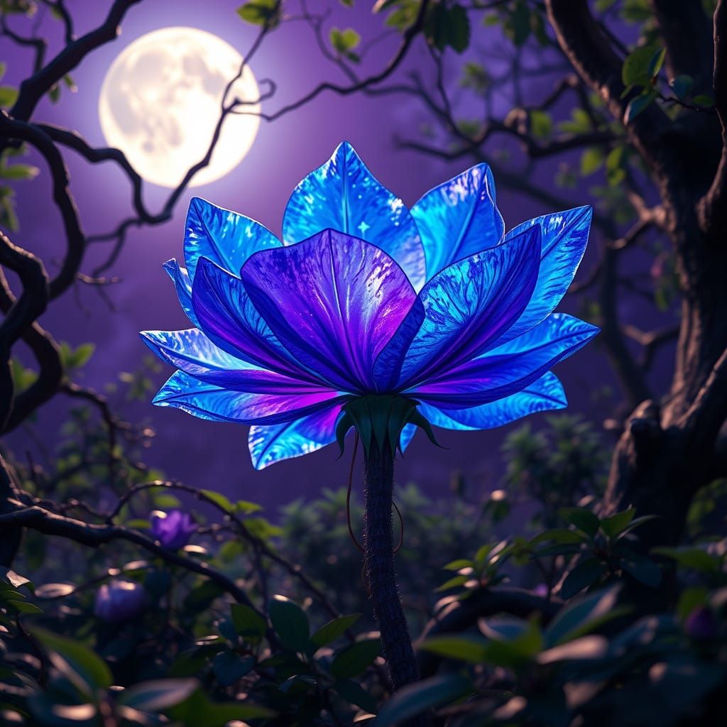 Ethereal Blue Crystal Flower Shines in Purple Amethyst Fores...