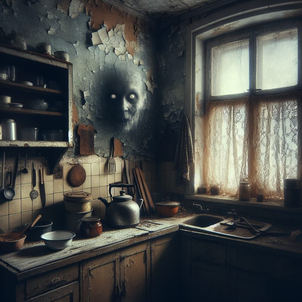 Eerie Spectral Face at Abandoned Kitchen Window
