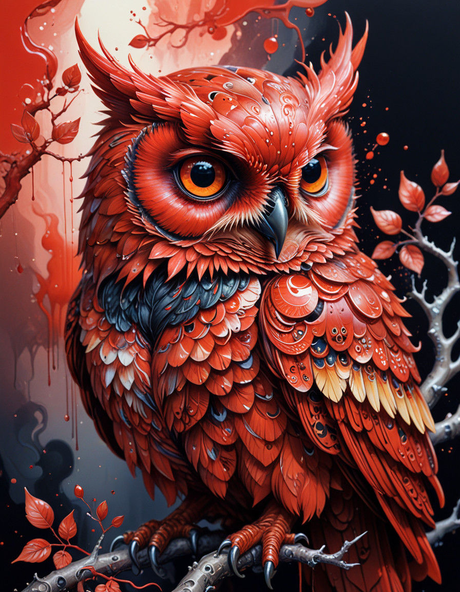 Whimsical Liquid Portrait of a Red Iron Owl