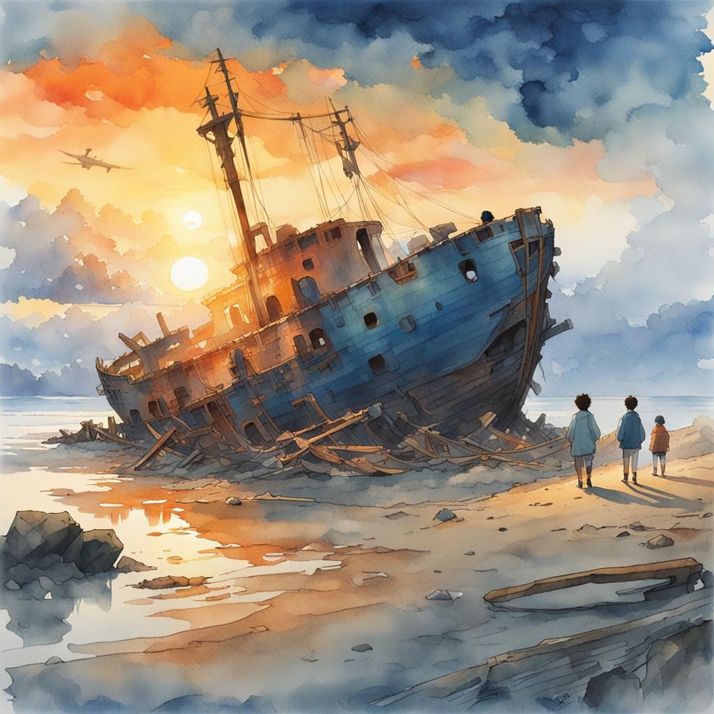 Watercolor Shipwreck at Sunset: Serene Concept Art
