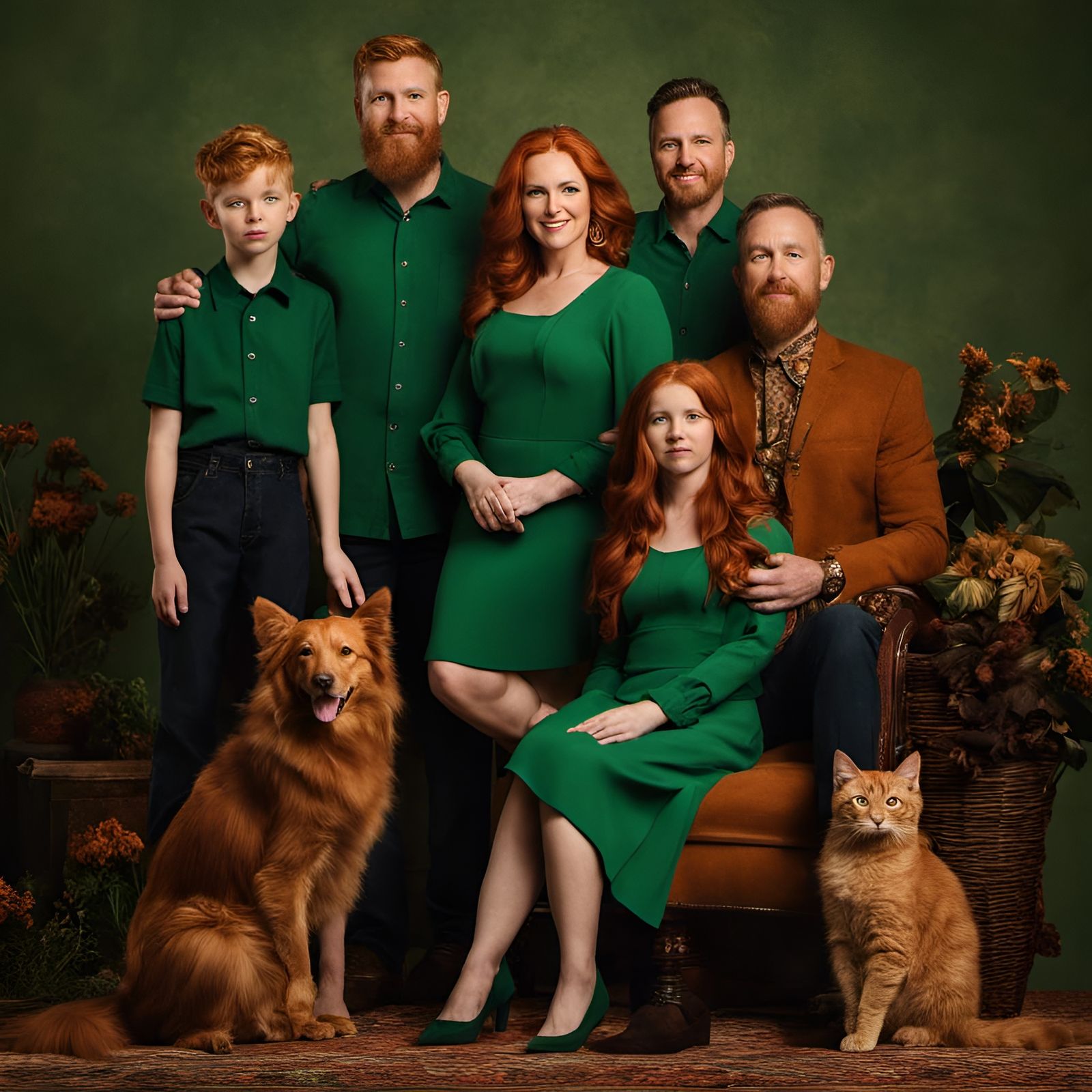 Detailed Studio Portrait of Redhead Family with Cats