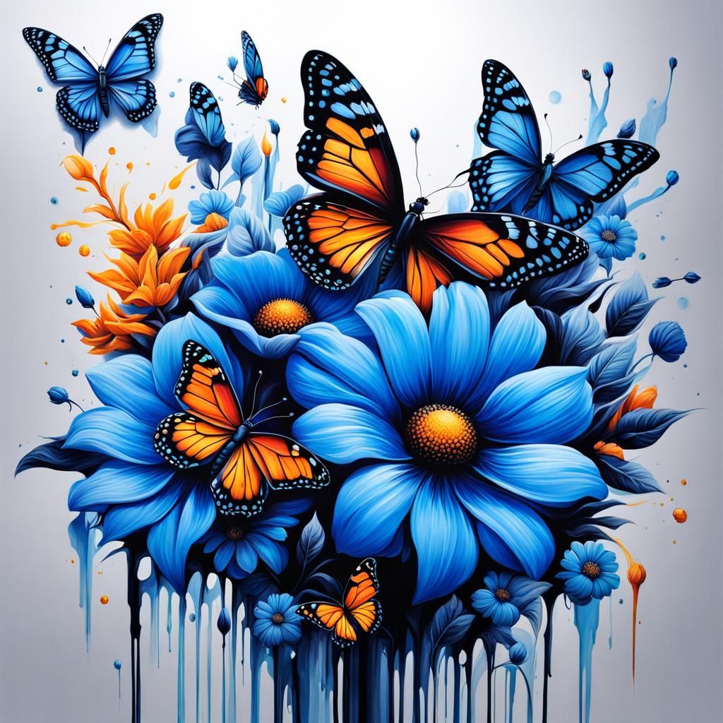 Blue Flowers and Butterflies in Graffiti Art